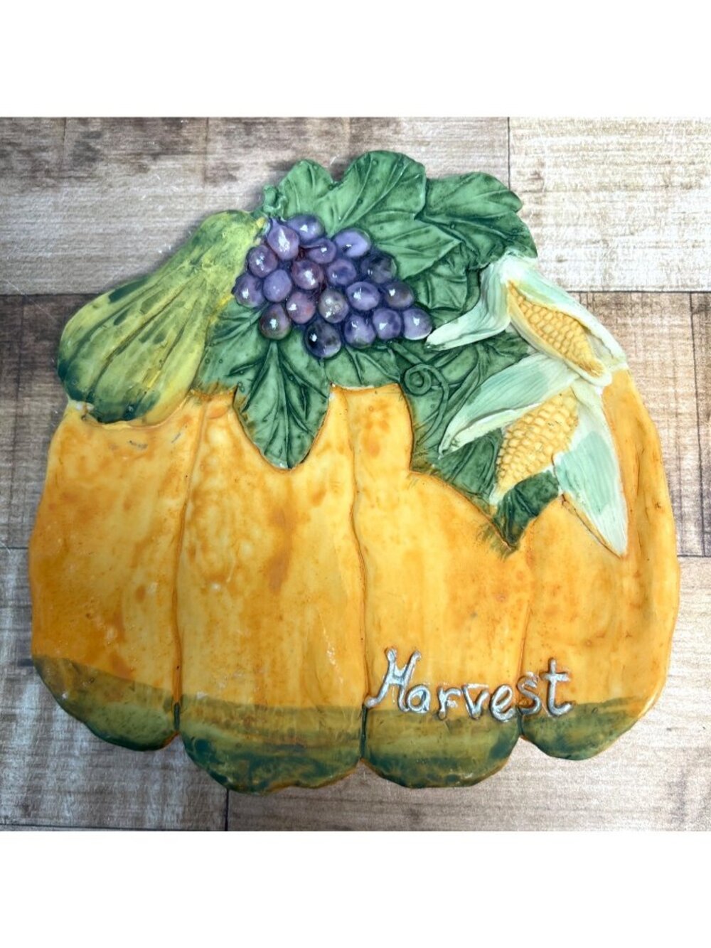 VTG Ceramic Harvest Trinket Dish With Grapes Corn & Pumpkin Design  Made In USA